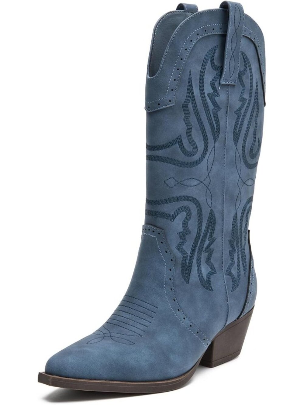 Women's Boots Mid Calf Blue Rubber Pointed Toe Solid Embroidered Stitched